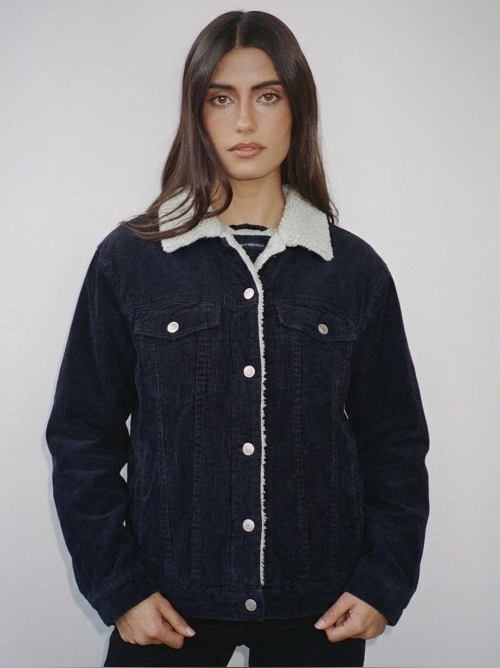 Brandy Melville Corduroy Sherpa-Lined Trucker Jacket Navy Blue Cozy Fall Winter